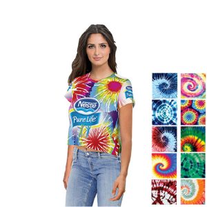 Ladies Tie Dye Crew Neck T-Shirt Crop Top with Sublimation Print | promotional clothing